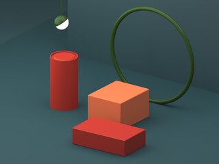 Aufkleber - Scene with geometrical forms for cosmetic product presentation. Empty mock up. Minimal scene with podium and abstract background. Geometric shapes. Green and coral colors scene. Minimal 3d rendering.