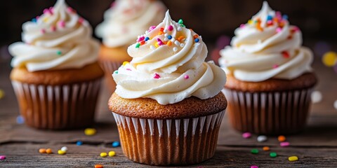 Leinwandbilder - Gourmet cupcakes adorned with white buttercream frosting and colorful sprinkles set on a rustic wooden backdrop, showcasing a delightful array of gourmet cupcakes perfect for any celebration.