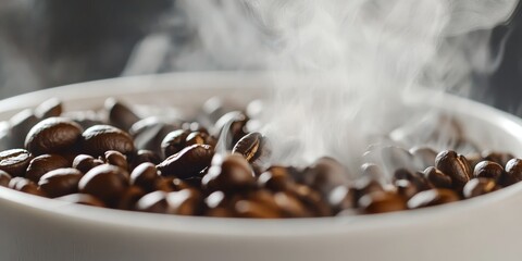 Poster - Close up of coffee beans releasing steam as they brew against a white background, showcasing the brewing process of the coffee beans in detail.
