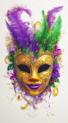 Wall Mural - Vibrant Mardi Gras Mask with Feathers and Gold Accents. Concept of Carnival Celebration, Colorful Festivity, Traditional Costume