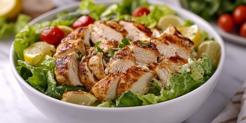 Poster - Delicious Caesar salad featuring tender chicken and creamy cheese, perfect for a satisfying meal. Enjoy this Caesar salad with chicken and cheese for a nutritious and flavorful dish.
