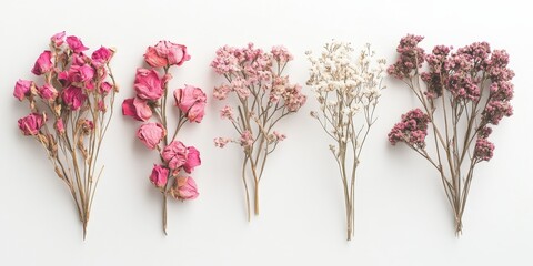 Poster - Dried pink flowers beautifully arranged on a clean white background, showcasing the delicate texture and color of dried pink flowers, perfect for various creative projects.