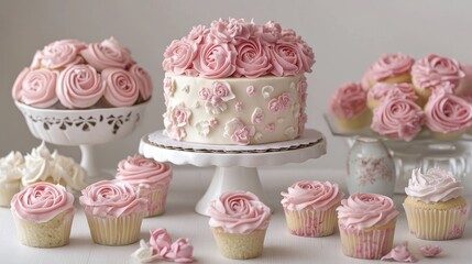 Poster - Arrangement of baby rose cakes and muffins showcasing a delightful display of baby rose cake and muffins that tempt the senses with their charming design and aesthetic appeal.