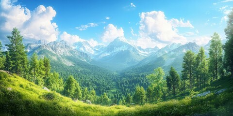 Aufkleber - Stunning mountains and lush trees create a vibrant landscape under a bright blue sky, offering a comfortable and picturesque view of nature s beauty in the mountains.