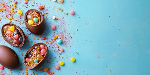 Poster - Halves of chocolate eggs adorned with colorful jelly and sweet powder create a circular pattern with an off center focus against a blue backdrop. This close up image offers space for text.