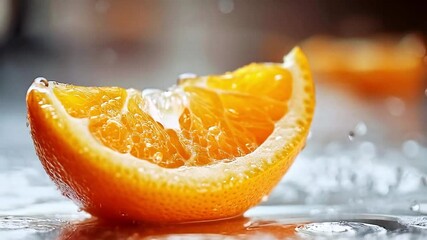 Poster - A slice of juicy orange bursts into water, creating a stunning display of droplets and vibrant colors. The setting emphasizes the freshness of the fruit, perfect for culinary inspiration.