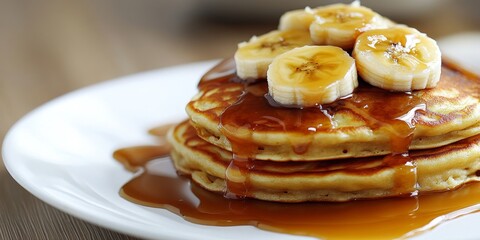 Poster - Delicious banana cashew pancakes topped with ripe bananas and a drizzle of salted caramel sauce, featuring vibrant toning and selective focus to enhance the appealing presentation of banana cashew