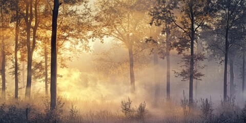Aufkleber - Mystical forest enshrouded in a veil of morning fog, where the serene ambiance invites exploration and wonder, capturing the enchanting essence of a fog covered forest at dawn.