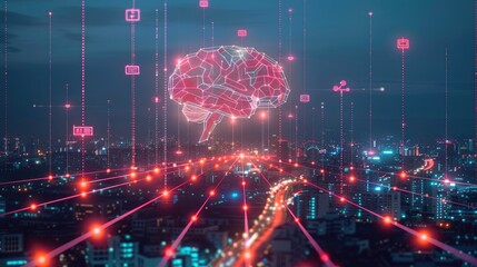 Leinwandbilder - Illustrate a simple power grid with a central A.I. brain and from it, power lines branching out to different business areas represented by icons. The lines glow.