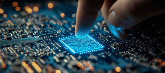 Poster - Finger Hovering Above Glowing Microchip On Circuit Board, Technology And Innovation Concept