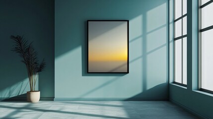 Sunlight illuminating a minimalist room with a framed sunset picture, potted plant, and large window