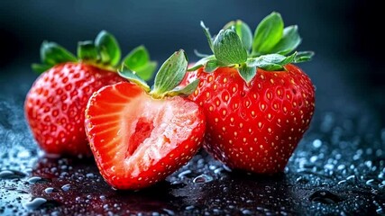 Aufkleber - Fresh strawberries glisten with droplets of water, showcasing their vibrant red color. One berry is cut in half, revealing its juicy interior while others lie beside it, highlighting their sweetness.
