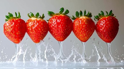 Aufkleber - Fresh strawberries are captured mid-splash as water creates dynamic droplets around them. This lively moment showcases the beauty of fruit in motion with bright colors and textures.