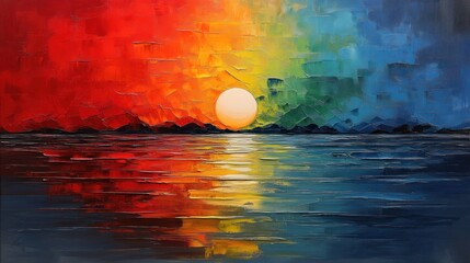 Wall Mural - Vibrant sunset over calm ocean with mountain silhouette.