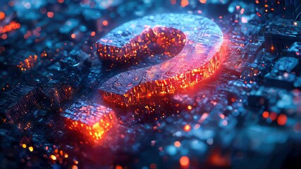 Poster - A digital question mark floating above a holographic circuit board background, symbolizing queries, problem-solving, and digital knowledge