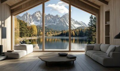 Wall Mural - Cabin living room with a lake and mountain view through expansive windows