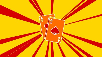 Poster - Two aces symbol on the background of animation from moving rays of the sun. Large orange symbol increases slightly. Seamless looped 4k animation on yellow background