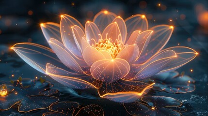 3d render of a lotus flower with fractal petals, glowing and sparkling against a dark background, wi