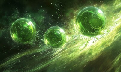 Wall Mural - A dynamic scene of four bubbles bursting amidst a spray of green particles.