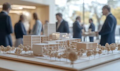 A model of an urban development with multiple buildings on a table. People in suits around it looking at it intently with a blurred background and depth of field