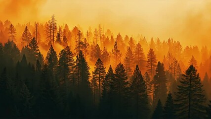 Aufkleber - Majestic forest landscape of golden hues and mist, where tall trees create silhouette against tranquil wilderness, illuminated by sunlight in natures serene embrace.