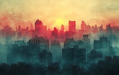 Poster - Misty city skyline at sunset, red and orange hues.