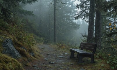 Wall Mural - A lone bench in a foggy, shadowy forest