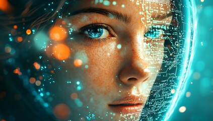 Poster - Futuristic Woman s Face with Digital Overlay Neon Lights Closeup Portrait