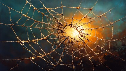 Golden Dew Kissed Spiderweb at Sunrise Nature s Intricate Art