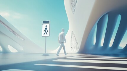 Canvas Print - Futuristic City Pedestrian Crossing Scene Man Walking