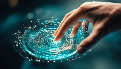 Fototapete - Hand Interacting with Futuristic Teal Digital Interface Abstract Technology Concept