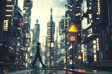 Wall Mural - Futuristic Cityscape Silhouette Pedestrian Crossing