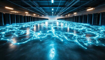 Poster - Futuristic Data Center Server Room with Glowing Network Connections