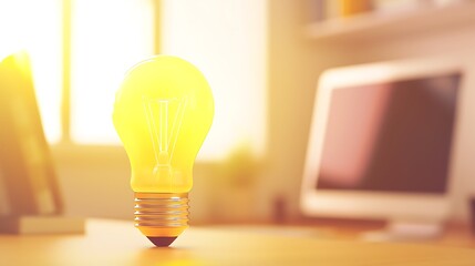 A light bulb is lit up on a desk next to a computer monitor