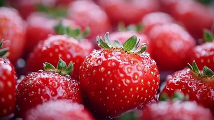 Aufkleber - Succulent strawberries display their rich red hue, covered in glistening droplets, creating a stunning visual of freshness and color in a bright setting.