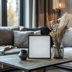 Poster - A front facing small black frame sitting on a coffee table.