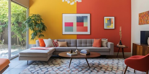 Wall Mural - a vibrant living room showcasing modern design. the blend of orange and yellow walls creates a fresh