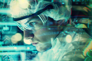 Poster - a double exposure image of a worker in laboratory generative ai