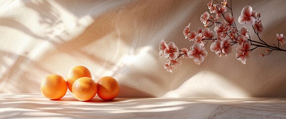 Poster - Still life of oranges and pink flowers on beige fabric.