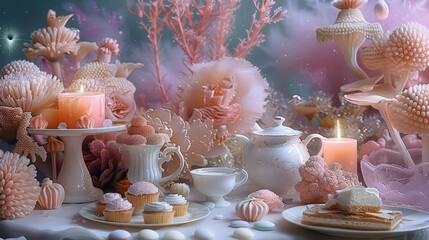 Poster - A tea party table, afternoon tea set, candles and teapot, desserts, pastel-colored treats, surrounded by pastel-colored fantasy flowers and plants, white mushrooms, corals, crystals, on a white linen.