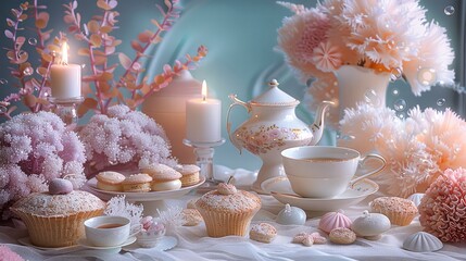 Poster - A tea party table, afternoon tea set, candles and teapot, desserts, pastel-colored treats, surrounded by pastel-colored fantasy flowers and plants, white mushrooms, corals, crystals, on a white linen.