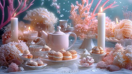 Poster - A tea party table, afternoon tea set, candles and teapot, desserts, pastel-colored treats, surrounded by pastel-colored fantasy flowers and plants, white mushrooms, corals, crystals, on a white linen.