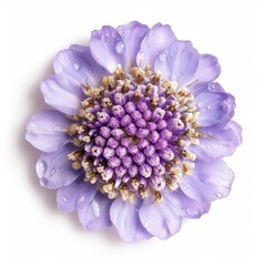 Poster - Studio shot of a purple scabiosa flower with water drops, isolated on white background
