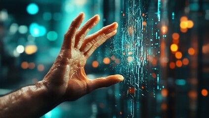 Poster - Futuristic Hand Interacting with Holographic Digital Interface Technological Innovation