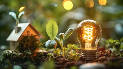 Poster - Eco-friendly product ideas that help reduce household energy consumption, Light bulbs, house models, growing trees.