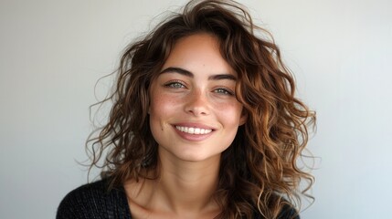 Wall Mural - Portrait of a beautiful, smiling woman with curly hair, natural makeup, and a flawless complexion, isolated on a white background.