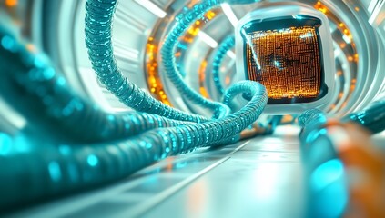 Poster - Futuristic Sci Fi Data Center Turquoise Cables and Glowing Digital Display in a Technological Tunnel