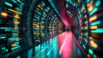 Poster - Futuristic Data Center Corridor Illuminated Server Tunnel with Neon Lights and Digital Data Streams