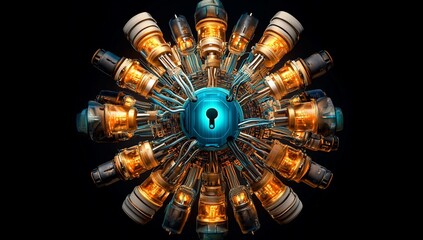 Leinwandbilder - Futuristic Cyber Security System Abstract Technology Lock with Glowing Tubes and Circuits