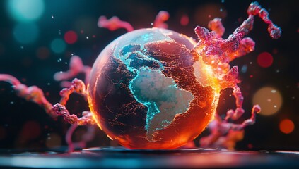 Poster - Glowing Earth Globe Surrounded by Abstract Energy Digital Art Futuristic Technology